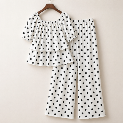 Women's Off-Shoulder Polka Dot Ruffle Top & Wide Leg Pants Co-Ord Set