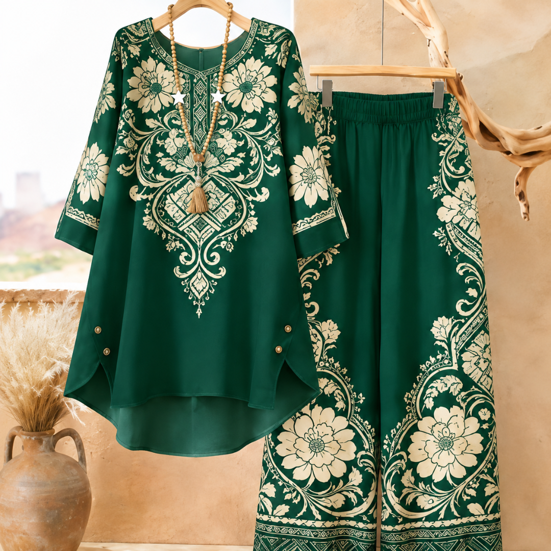 Women's Elegant Floral Printed Long Sleeve Tunic Top & Wide Leg Pants Co-Ord Set