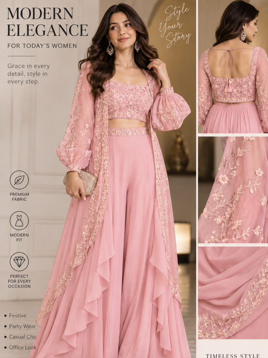 Ivory Luxe Embroidered Cape Palazzo Set | Modern 3-Piece Partywear