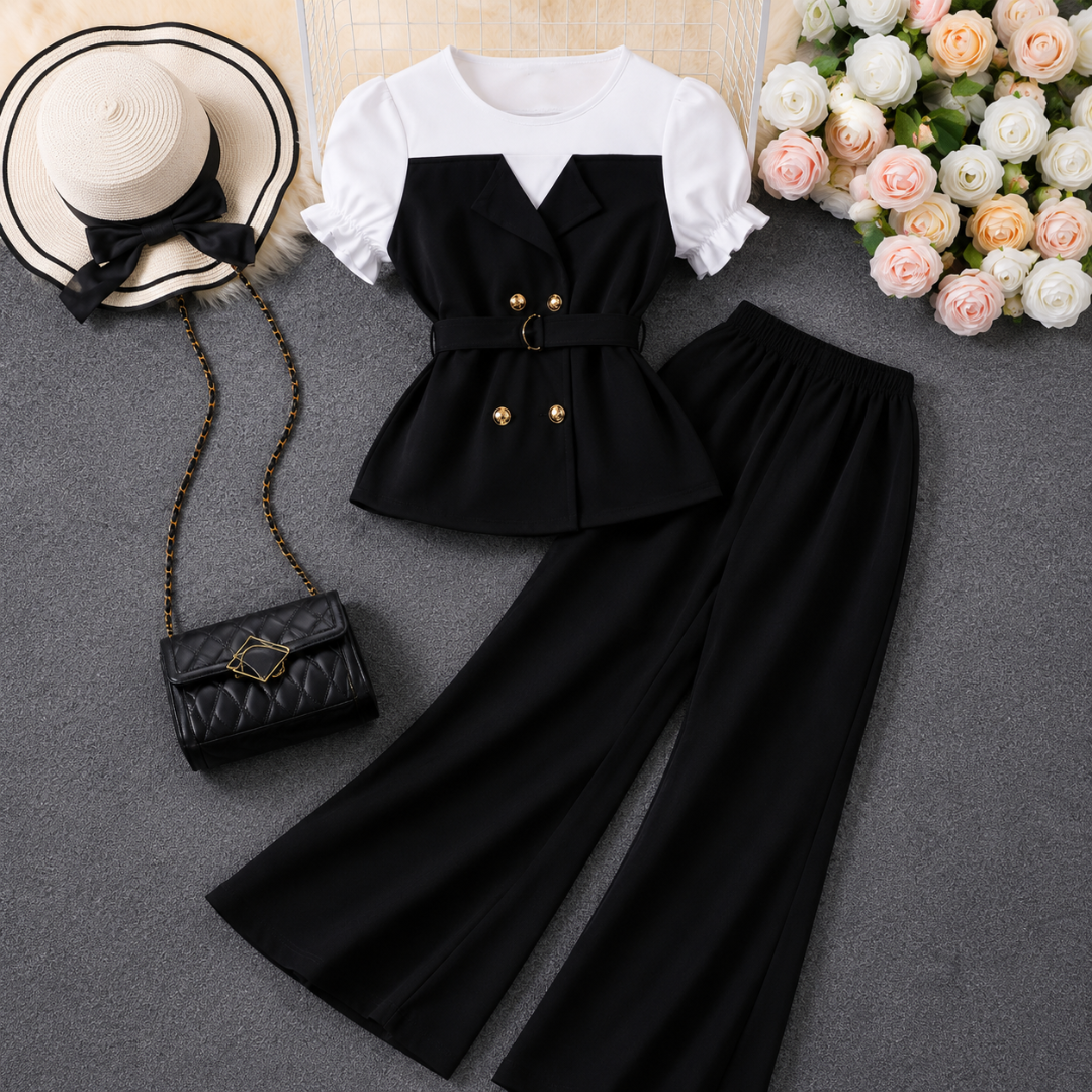 Women's Elegant Puff Sleeve Belted Blazer Top & Wide Leg Pants Co-Ord Set