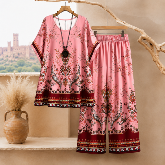 Women's Vintage Floral Print Oversized Top & Wide Leg Pants Co-Ord Set