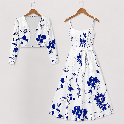 Women's Floral Printed Party Wear Midi Dress with Matching Shrug