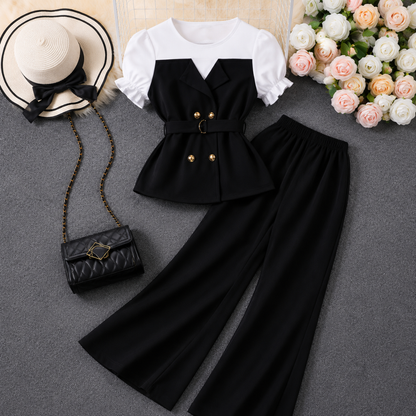 Women's Elegant Puff Sleeve Belted Blazer Top & Wide Leg Pants Co-Ord Set