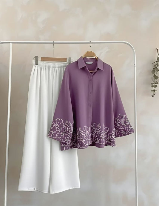 Women’s Floral Embroidered Shirt & Wide-Leg Pants Co-Ord Set