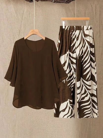 Chiffon Co-Ord Set – Batwing Sleeve Loose Top & Wide-Leg Pants (2-Piece)