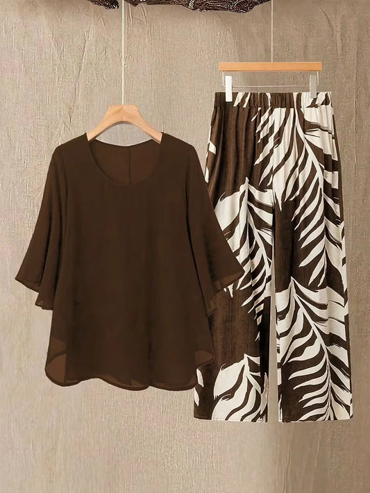 Chiffon Co-Ord Set – Batwing Sleeve Loose Top & Wide-Leg Pants (2-Piece)
