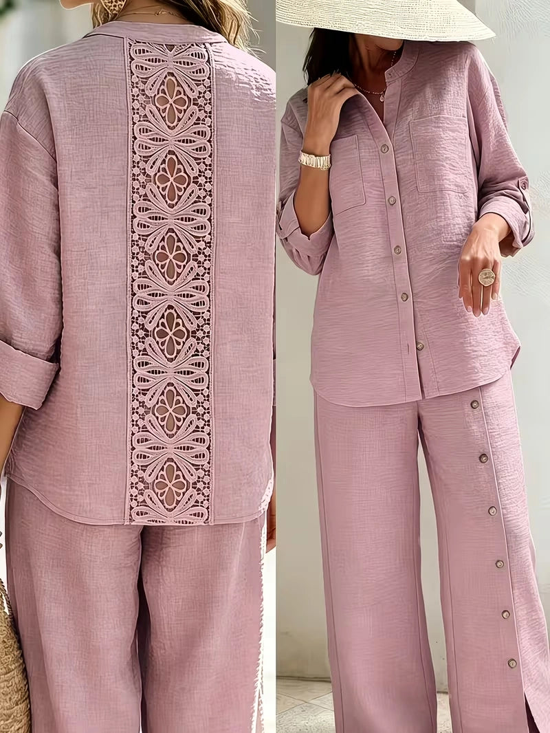 Elegant Lace Back Co-Ord Set – Relaxed Shirt & Wide-Leg Pants for Effortless Style