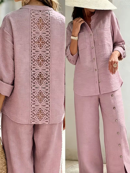Elegant Lace Back Co-Ord Set – Relaxed Shirt & Wide-Leg Pants for Effortless Style