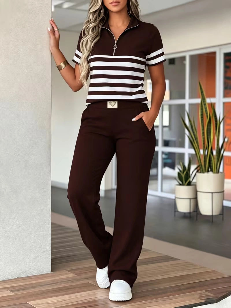 Women's Summer Striped Casual Co-Ord Set | Half-Zip Polo Top & Wide-Leg Pants 2-Piece Outfit