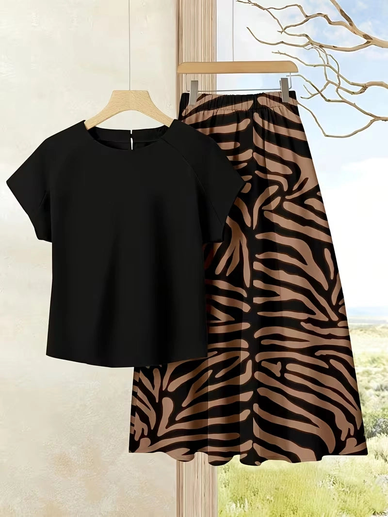 Women's Summer Casual Skirt Co-Ord Set | Solid Top & Printed Skirt 2-Piece Outfit