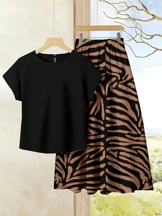 Women's Summer Casual Skirt Co-Ord Set | Solid Top & Printed Skirt 2-Piece Outfit