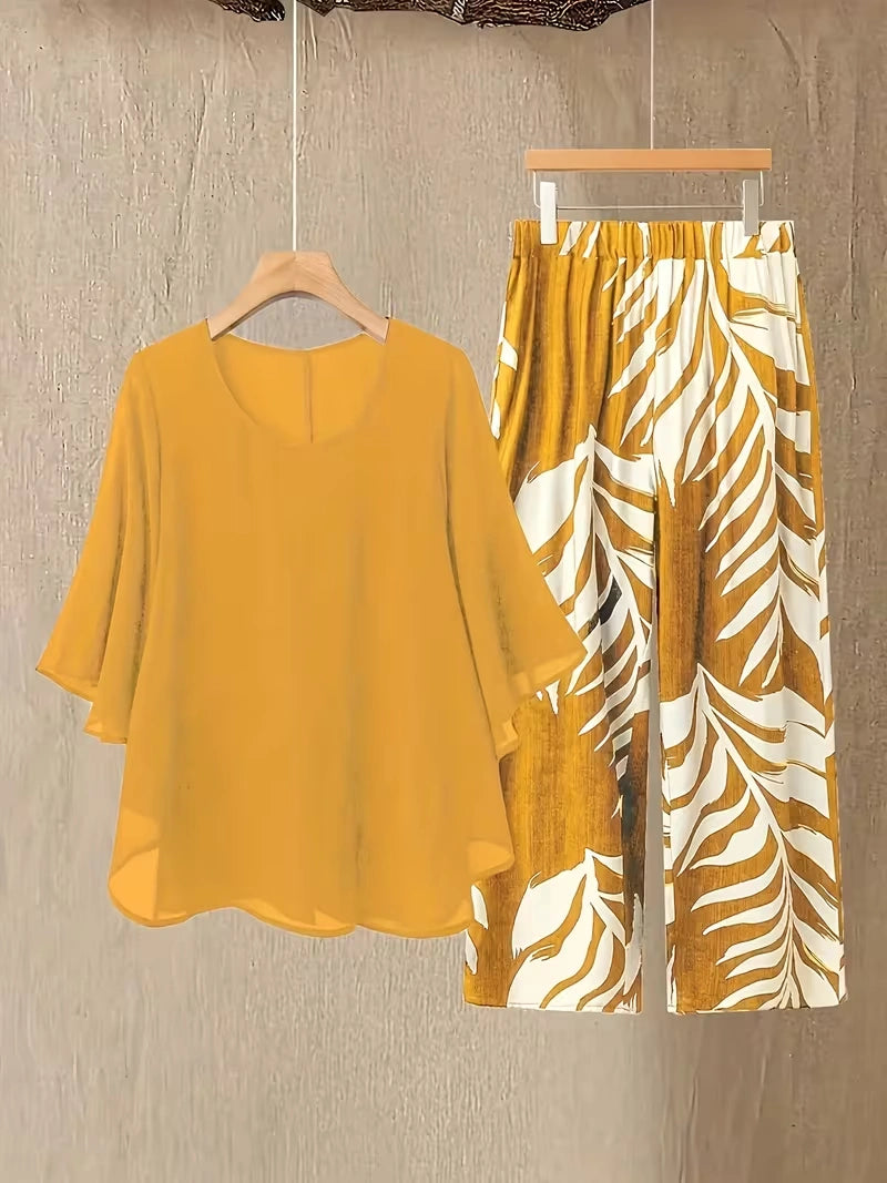 Chiffon Co-Ord Set – Batwing Sleeve Loose Top & Wide-Leg Pants (2-Piece)