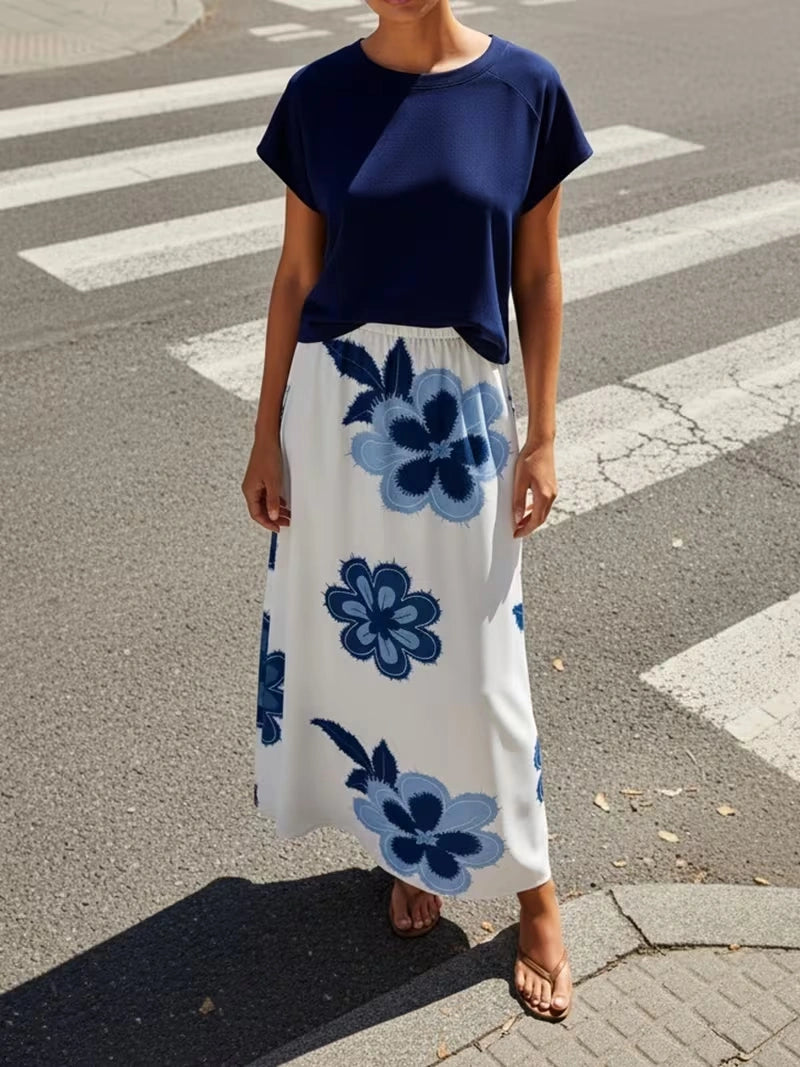Women's Summer Casual Skirt Co-Ord Set | Solid Top & Printed Skirt 2-Piece Outfit
