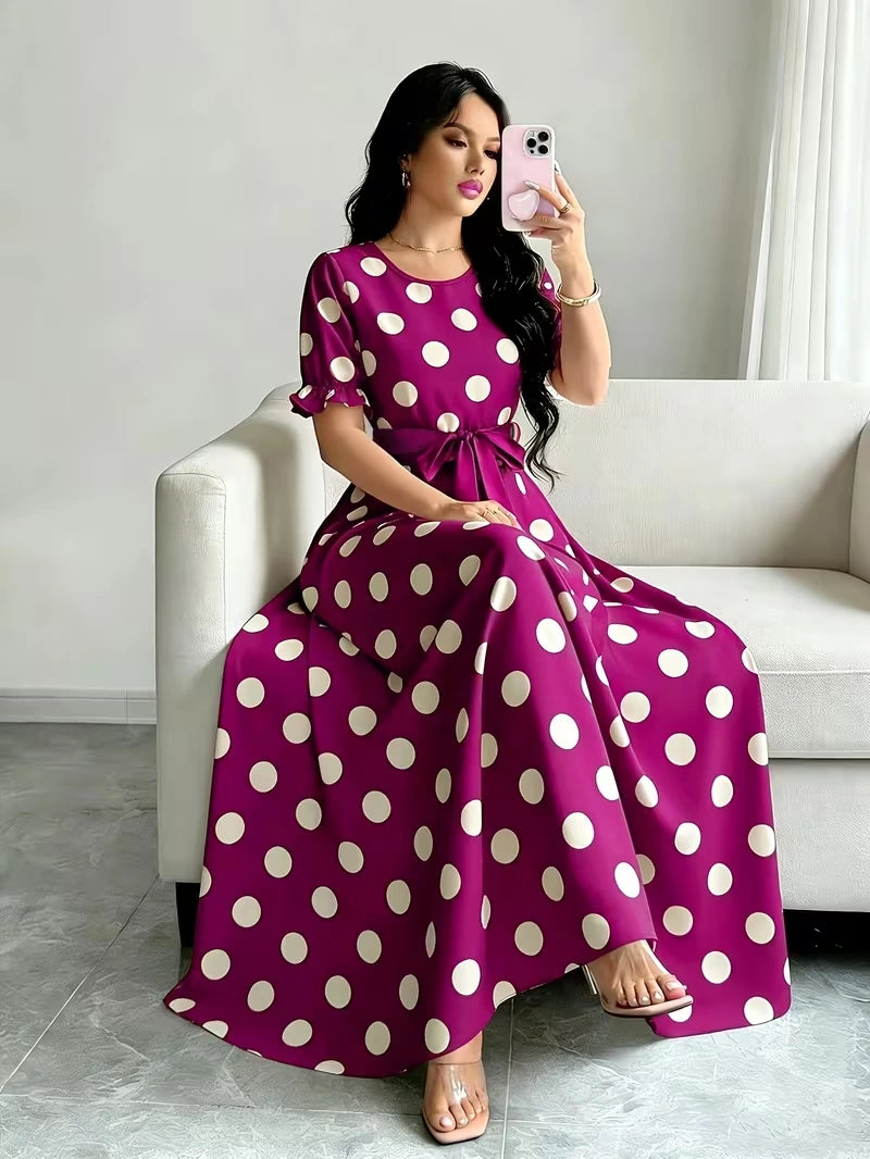 Women's Timeless Polka Dot Midi Dress – Puff Sleeve Belted Fit & Flare Dress