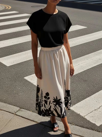Women's Summer Casual Skirt Co-Ord Set | Solid Top & Printed Skirt 2-Piece Outfit