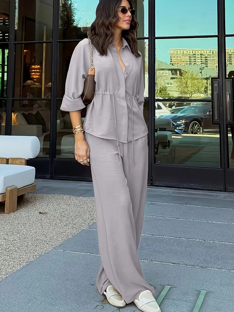 Relaxed Drawstring Co-Ord Set – Lapel Long Sleeve Top & Wide-Leg Pants