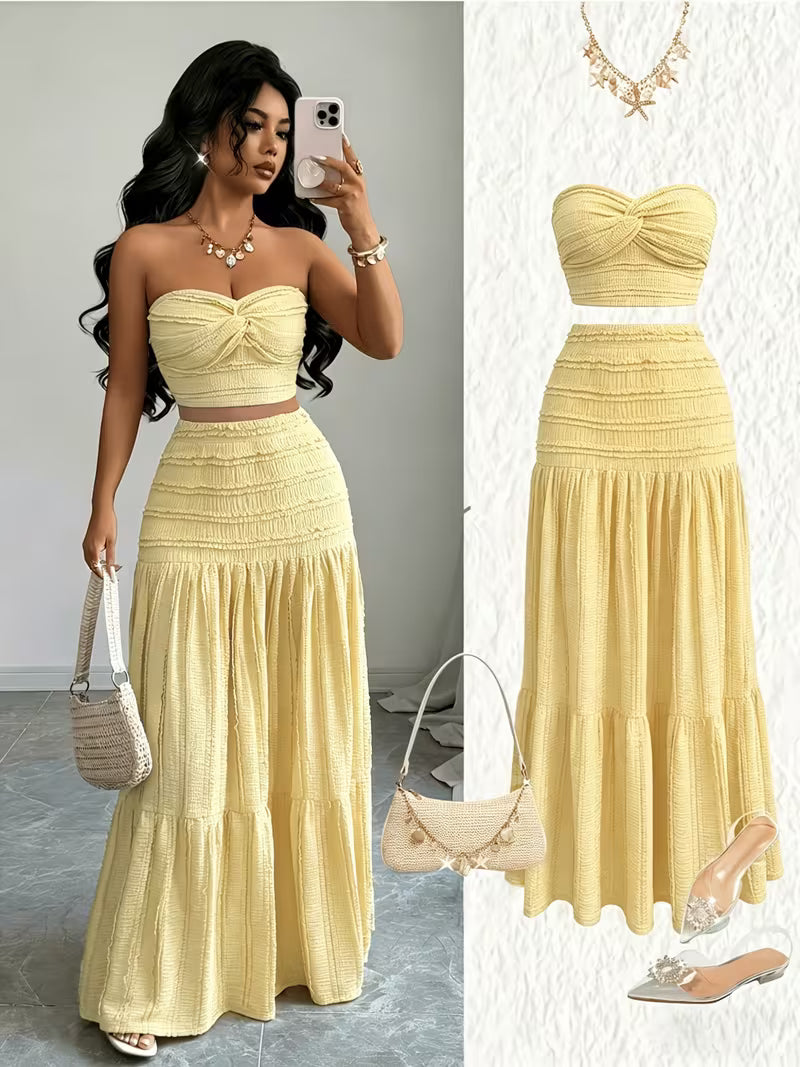Women’s  Ruched Crop Top & Maxi Skirt Co-Ord Set