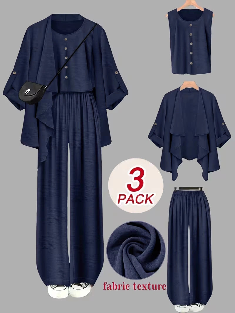 Elegant 3-Piece Co-Ord Set – Cardigan Jacket, Sleeveless Top & Relaxed Pants