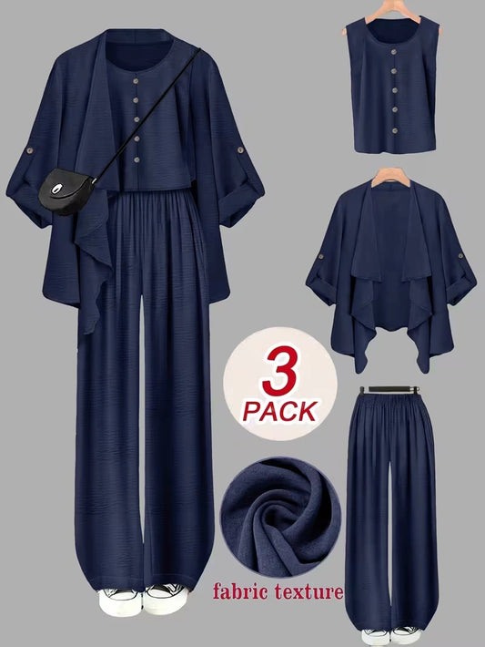 Elegant 3-Piece Co-Ord Set – Cardigan Jacket, Sleeveless Top & Relaxed Pants