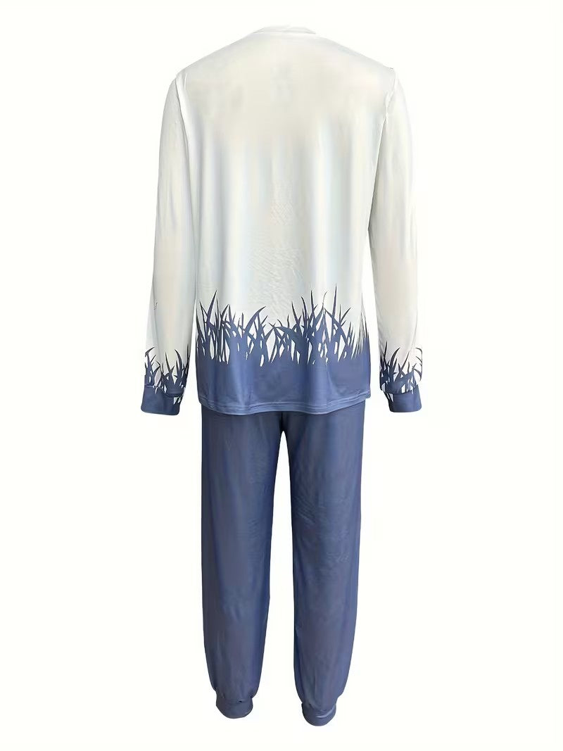 Women's Plus Size Cat Print Casual 2-Piece Outfit | Long Sleeve Crew Neck Top & High Waist Lace-Up Pants | Spring & Autumn Co-Ord Set