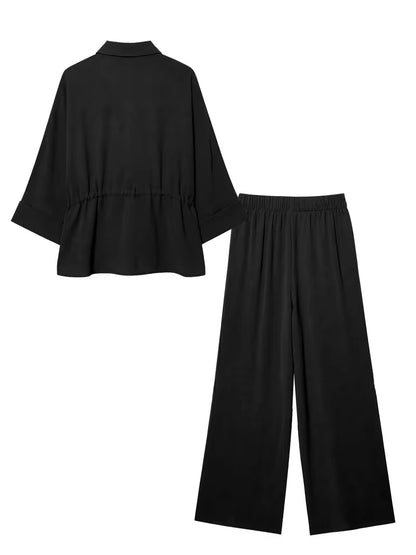 Relaxed Drawstring Co-Ord Set – Lapel Long Sleeve Top & Wide-Leg Pants