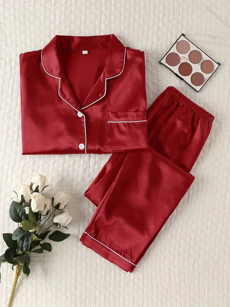Women's 2-Piece Satin Stripe Pajama Set with Button-Up Shirt & Relaxed Shorts