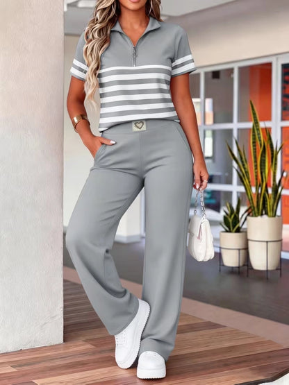 Women's Summer Striped Casual Co-Ord Set | Half-Zip Polo Top & Wide-Leg Pants 2-Piece Outfit
