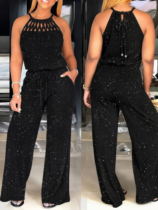 Women’s Black Sequin Jumpsuit with Halter Neck & Wide-Leg Pants