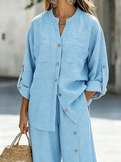 Elegant Lace Back Co-Ord Set – Relaxed Shirt & Wide-Leg Pants for Effortless Style