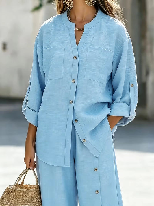 Elegant Lace Back Co-Ord Set – Relaxed Shirt & Wide-Leg Pants for Effortless Style