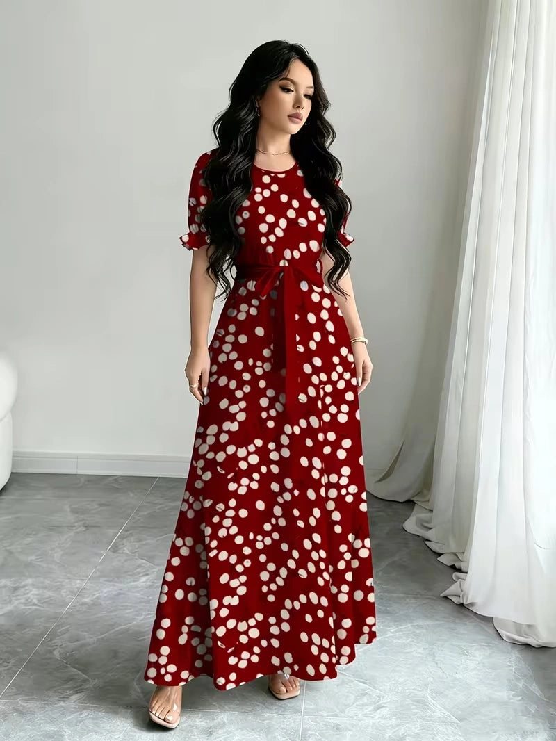 Women's Timeless Polka Dot Midi Dress – Puff Sleeve Belted Fit & Flare Dress