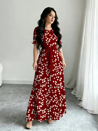 Women's Timeless Polka Dot Midi Dress – Puff Sleeve Belted Fit & Flare Dress