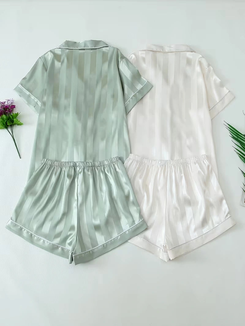 Women's 2-Piece Satin Stripe Pajama Set with Button-Up Shirt & Relaxed Shorts