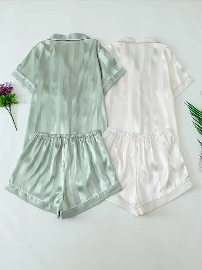 Women's 2-Piece Satin Stripe Pajama Set with Button-Up Shirt & Relaxed Shorts