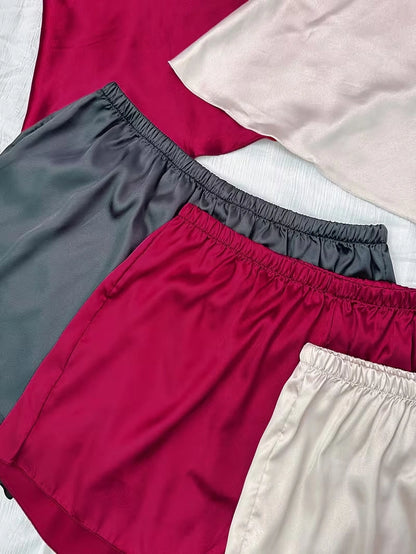 Women's 3-Piece Satin Pajama Set with Button-Up Shirt & Relaxed Shorts