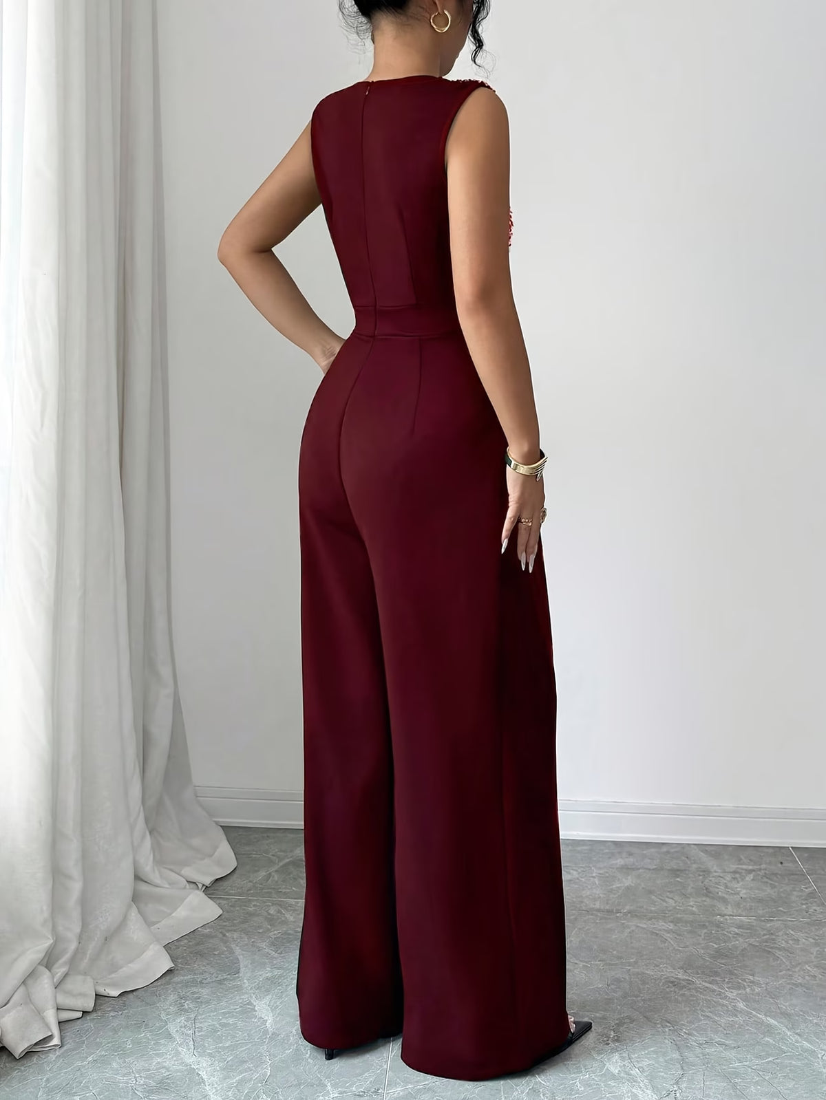 Women’s Maroon Sequin Top & Wide-Leg Palazzo Pants Set