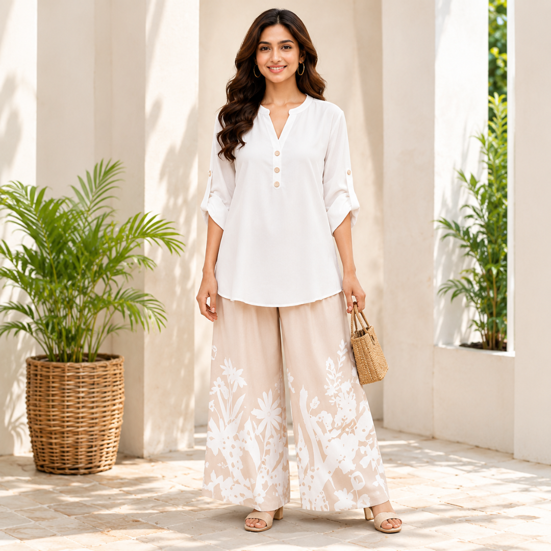 Women's Minimalist Button-Front Tunic Top & Floral Print Wide Leg Pants Co-Ord Set