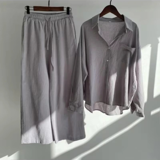 Vintage Chic Oversized Shirt & Wide-Leg Pants Co-Ord Set
