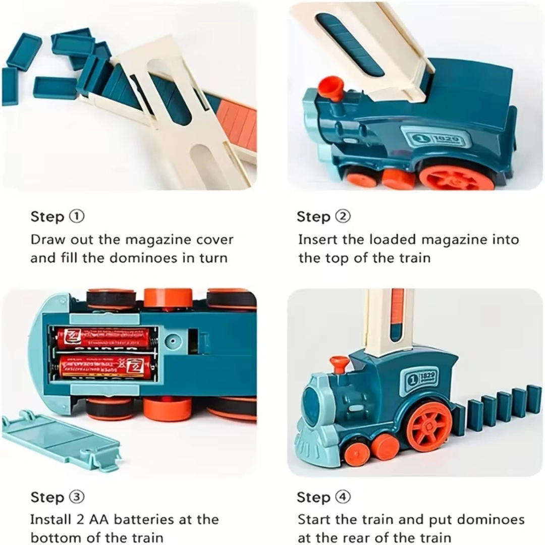 Electric Domino Train Set with Automatic Domino Laying Blocks – Creative STEM Building Toy for Kids (Blue)