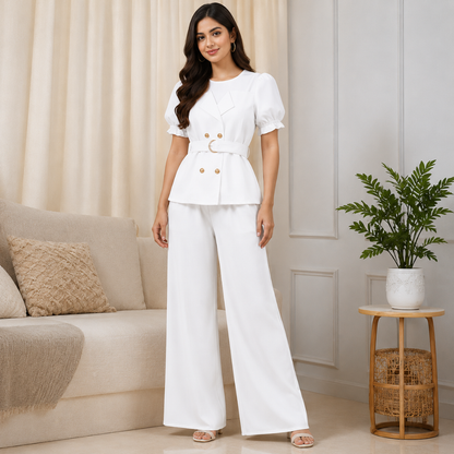 Women's Elegant Puff Sleeve Belted Blazer Top & Wide Leg Pants Co-Ord Set