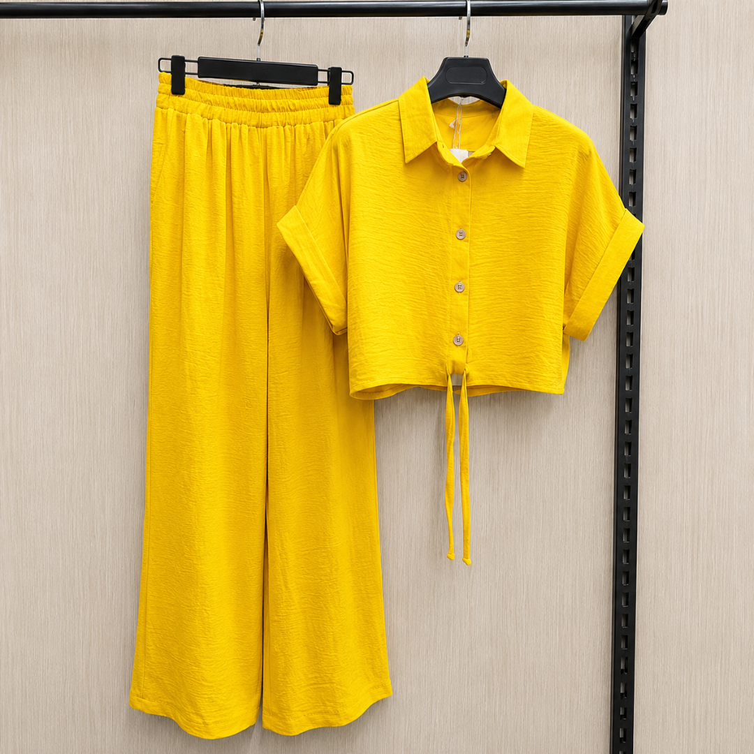Women's Solid Button-Down Crop Shirt & Wide Leg Pants Co-Ord Set