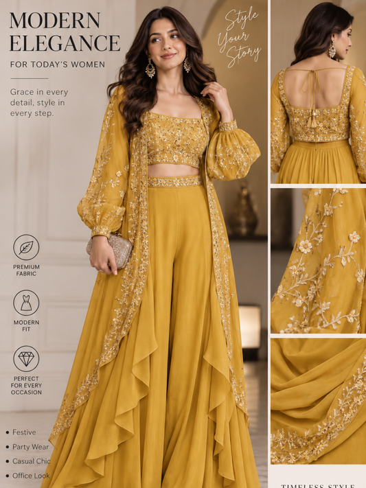 Ivory Luxe Embroidered Cape Palazzo Set | Modern 3-Piece Partywear