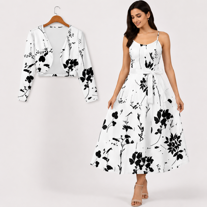 Women's Floral Printed Party Wear Midi Dress with Matching Shrug