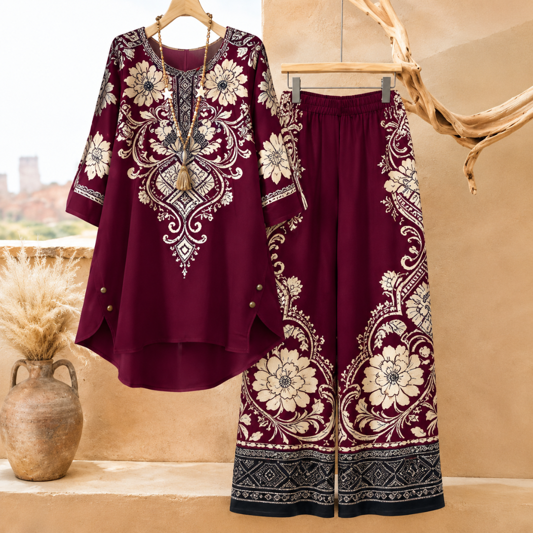 Women's Elegant Floral Printed Long Sleeve Tunic Top & Wide Leg Pants Co-Ord Set