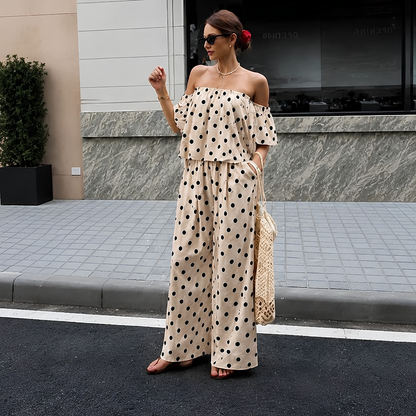 Women's Off-Shoulder Polka Dot Ruffle Top & Wide Leg Pants Co-Ord Set