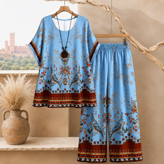 Women's Vintage Floral Print Oversized Top & Wide Leg Pants Co-Ord Set
