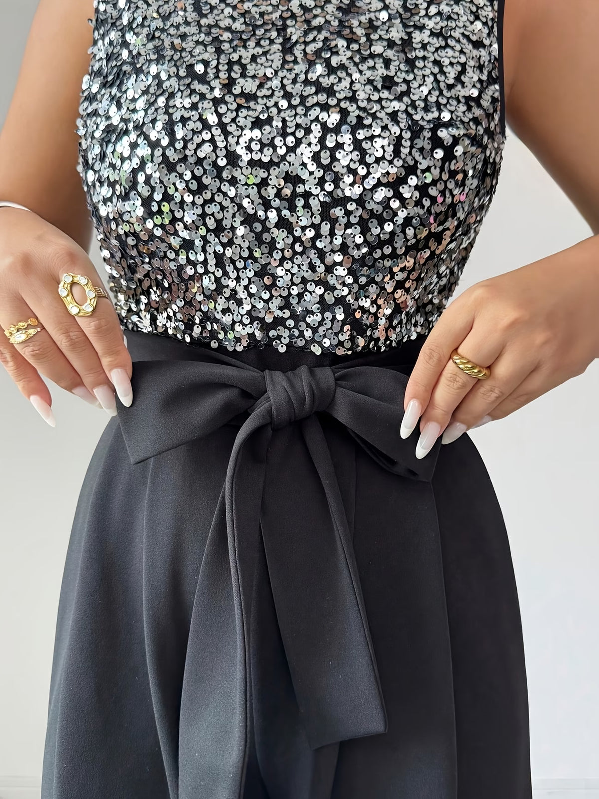 Women’s Black Sequin Wide-Leg Jumpsuit with Waist Bow