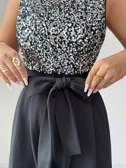 Women’s Black Sequin Wide-Leg Jumpsuit with Waist Bow