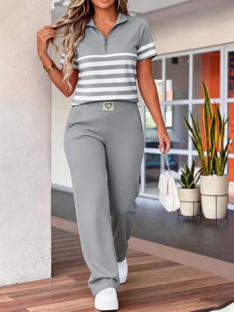 Women's Summer Striped Casual Co-Ord Set | Half-Zip Polo Top & Wide-Leg Pants 2-Piece Outfit