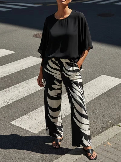 Chiffon Co-Ord Set – Batwing Sleeve Loose Top & Wide-Leg Pants (2-Piece)